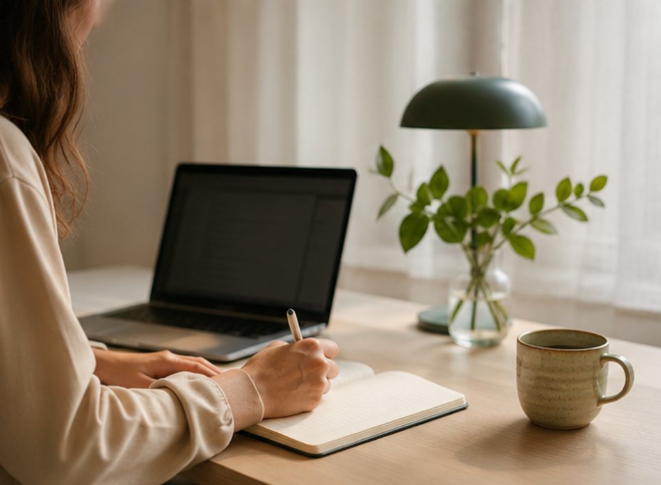 A person writing at a desk beside a laptop, green lamp and plants